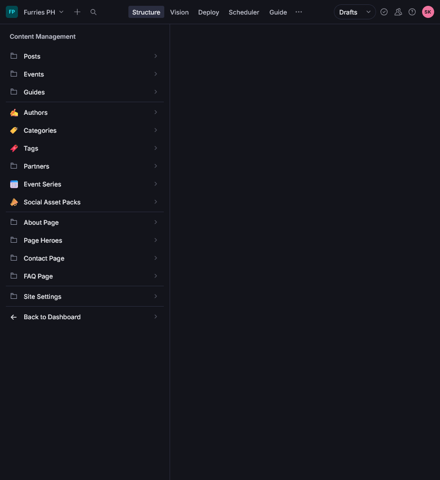 Furries PH CMS Studio structure with its editorial content sections and tools.