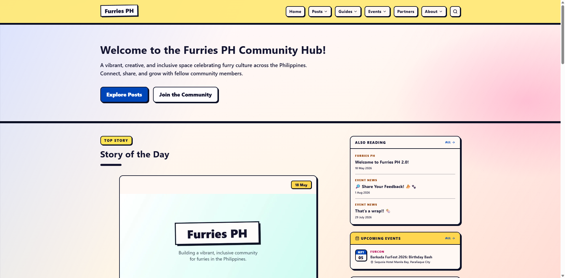 Furries PH public community home showing stories, events, and guides.