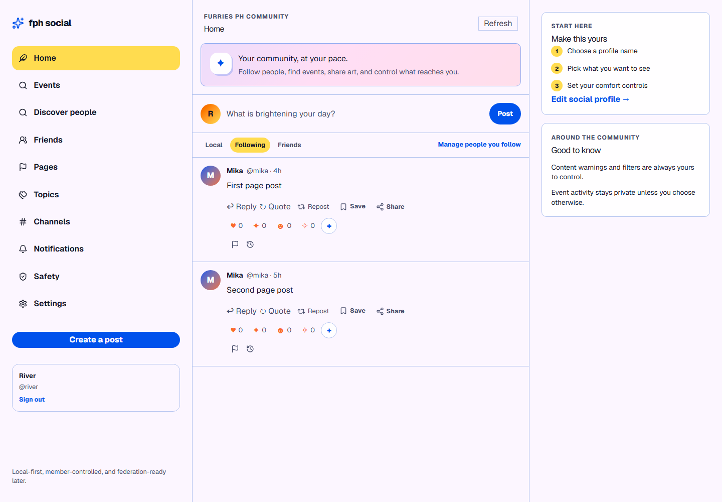 Furries PH Social community feed with controlled demo posts and navigation.